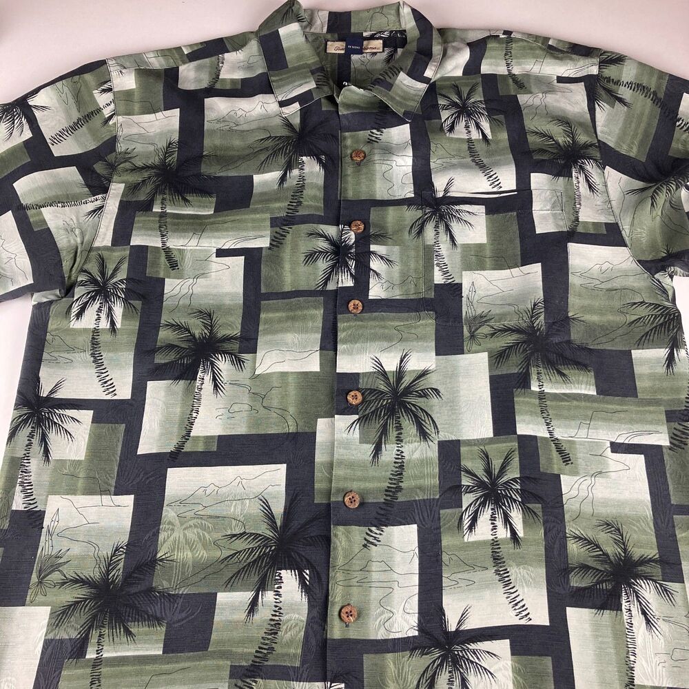 Tommy Bahama Mens XL 100% Silk Hawaiian Shirt Palm Tree Geometric Green Black